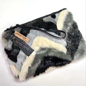 NEW Street Level Faux Fur Large Clutch Bag Black Gray White